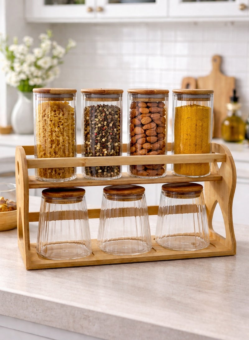 Toshionics 7-Piece Glass Spice Jar Set with Two-Tier Bamboo Rack | Borosilicate Ribbed Storage Jars with Airtight Bamboo Lids | Kitchen Countertop Organizer for Spices, Herbs & Condiments - Image 1